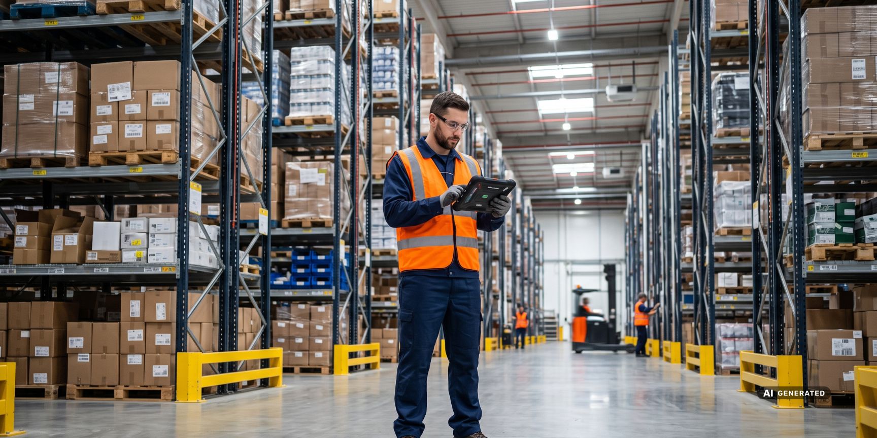Logistics employee checks digital delivery order on the tablet in the modern high-bay warehouse. Efficient warehouse logistics and paperless material flow.